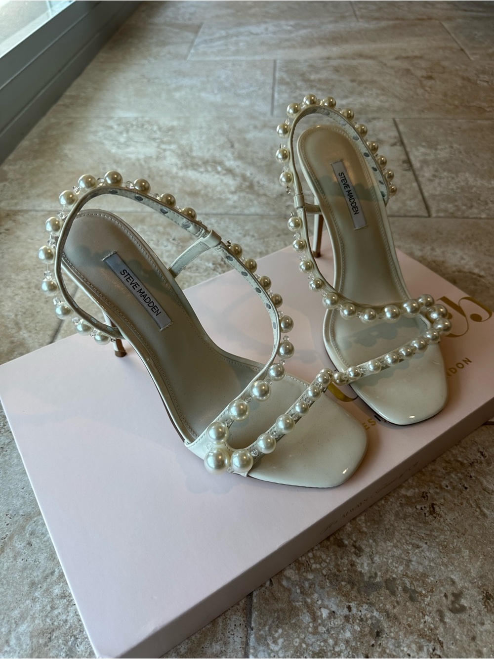 Steve Madden White Pearl-Embellished Strappy Heels - Picture 2 of 3